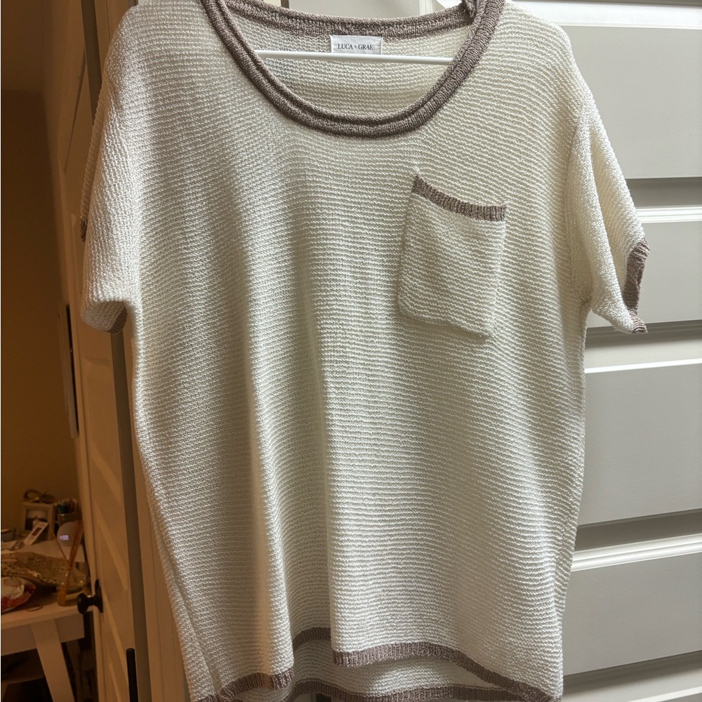 Zara White Knit Top with Gray Trim